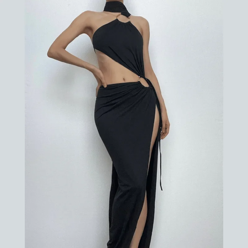 halter-o-ring-irregular-solid-backless-ruched-slit-maxi-dress