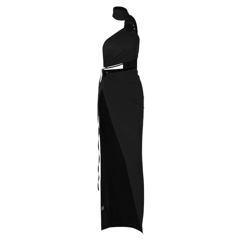 halter-o-ring-irregular-solid-backless-ruched-slit-maxi-dress