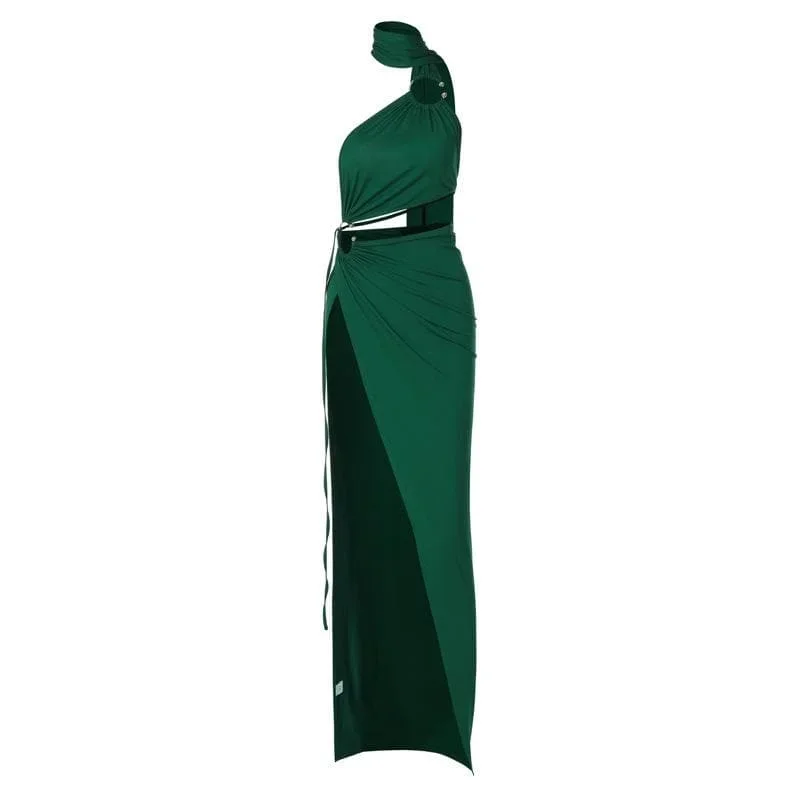 halter-o-ring-irregular-solid-backless-ruched-slit-maxi-dress