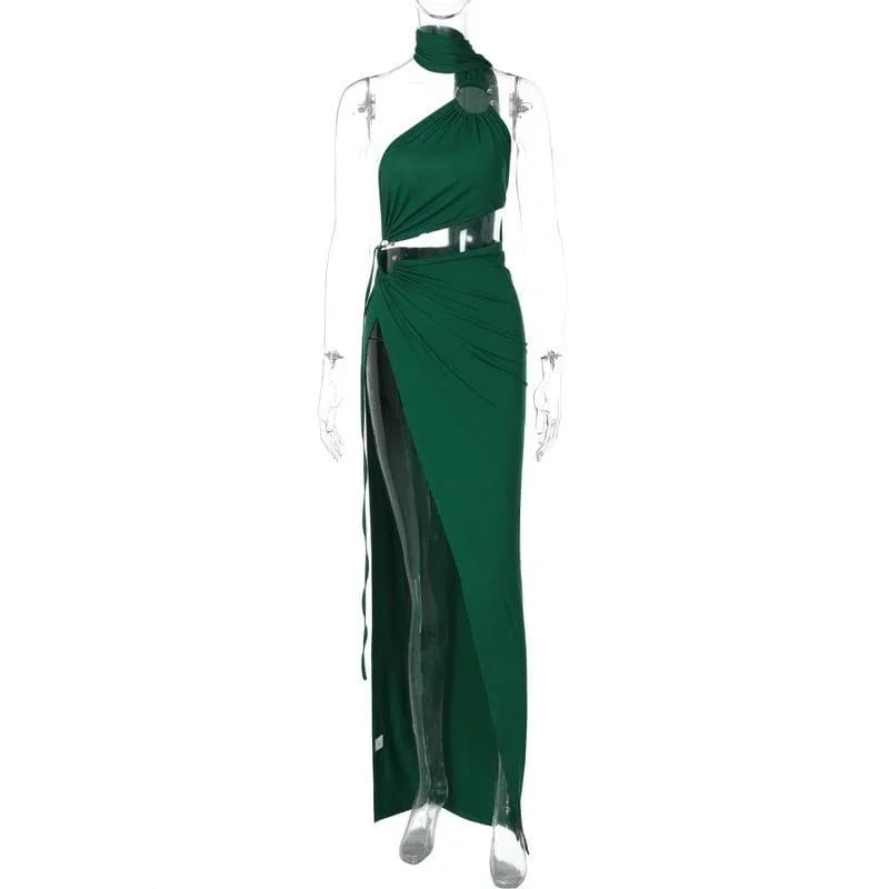 halter-o-ring-irregular-solid-backless-ruched-slit-maxi-dress