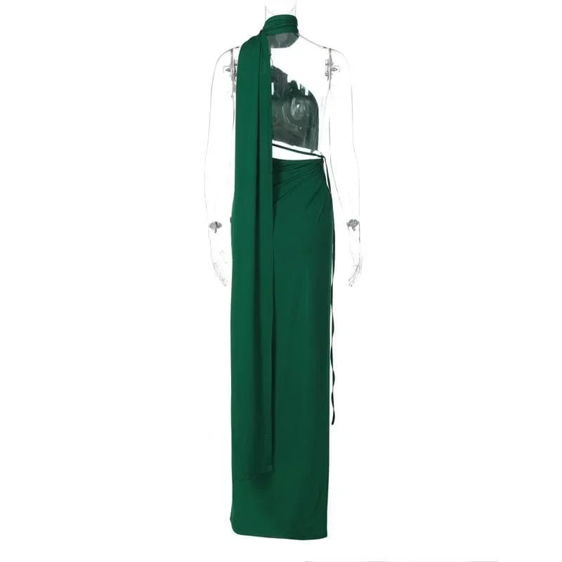 halter-o-ring-irregular-solid-backless-ruched-slit-maxi-dress