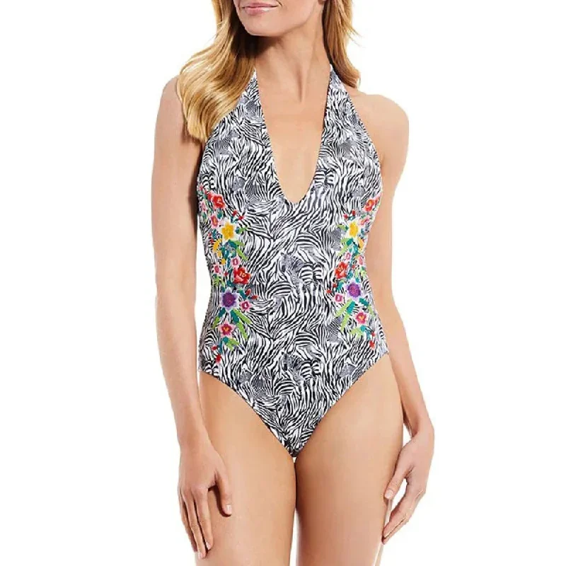 Johnny Was Women's Spring Halter Embroidered One-Piece Zebra Print