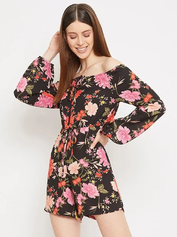 Berrylush Women Black Off-The-Shoulder Floral Printed Playsuit