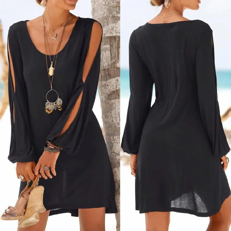 KANCOOLD dress Fashion Women Casual O-Neck Hollow Out Sleeve Straight Dress Solid Beach Style Mini dress women 2018jul20