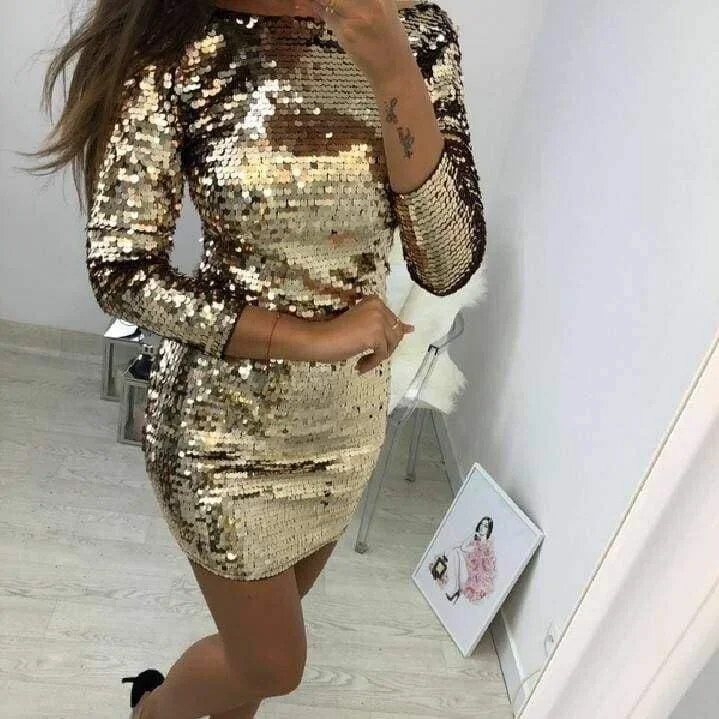 FashionSierra - Ladies Formal Evening Party Sexy Sequin Club Short Dresses Sexy Vestidos Autumn Dresses Women Golden Sequins Bodycon Dress