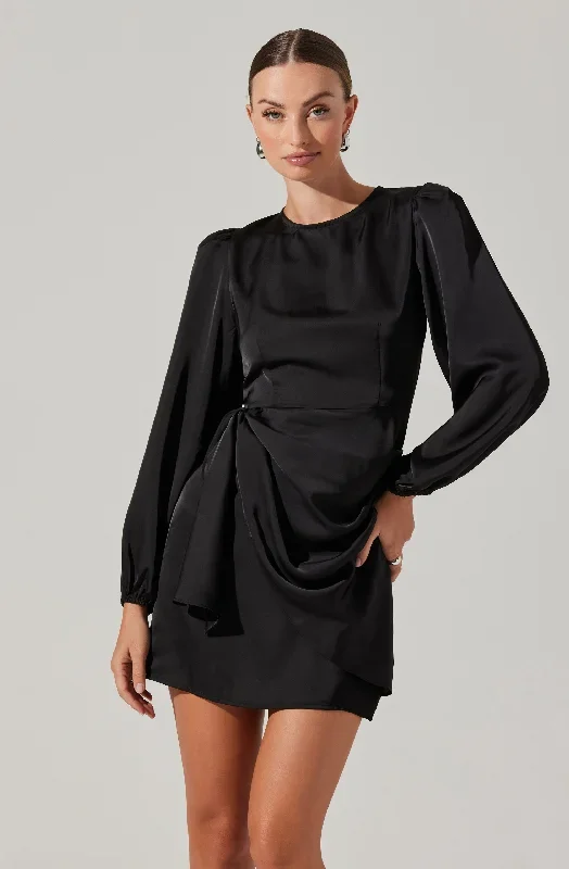 long-sleeve-draped-skirt-mini-dress