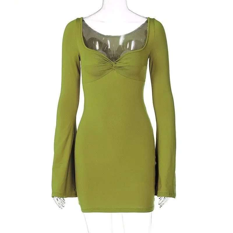 low-cut-flared-sleeve-ruched-bodycon-dress