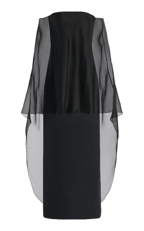 Marisha Dress in Black Textured Linen with Silk Organza Sheer Cape