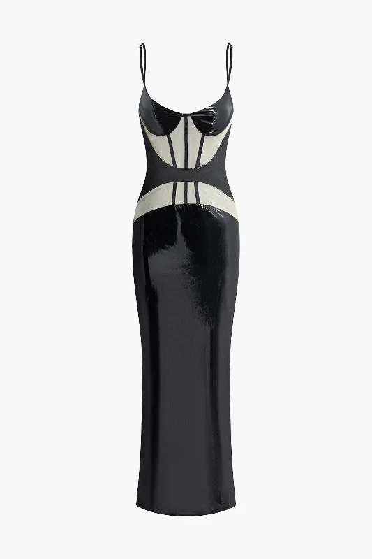 Faux Leather Corset Slit Cami Maxi Dress