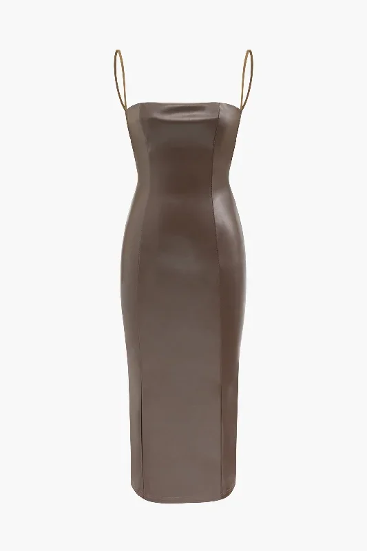 Faux Leather Low Back Slit Midi Dress