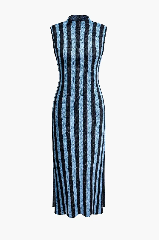 Vertical Stripe Mock Neck Knit Slit Sleeveless Midi Dress