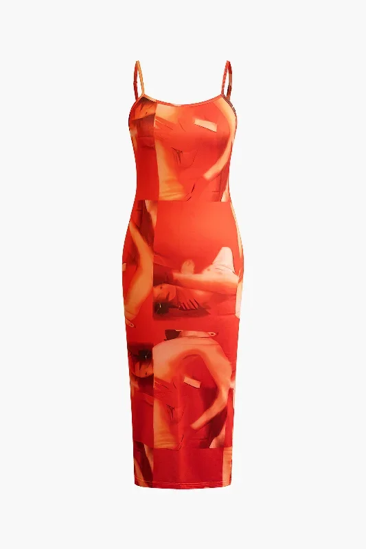 Abstract Print Slit Cami Midi Dress