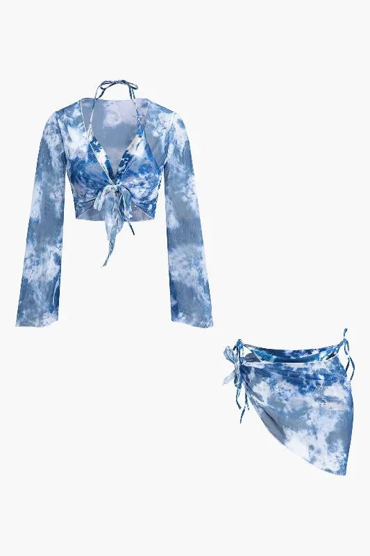 Tie Dye Halter Bikini And Knot Long Sleeve Shirt And Asymmetrical Mini Skirt 4pc Swimsuit Set