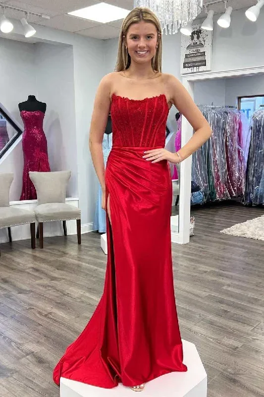 mermaid-lace-satin-strapless-ruching-long-prom-dress-with-slit