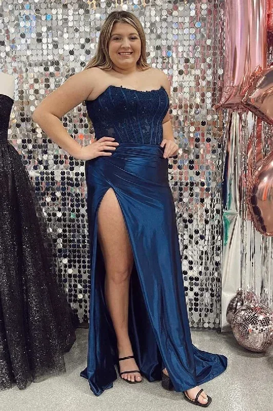 mermaid-lace-satin-strapless-ruching-long-prom-dress-with-slit