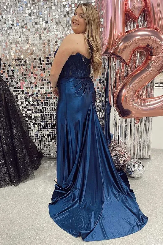 mermaid-lace-satin-strapless-ruching-long-prom-dress-with-slit