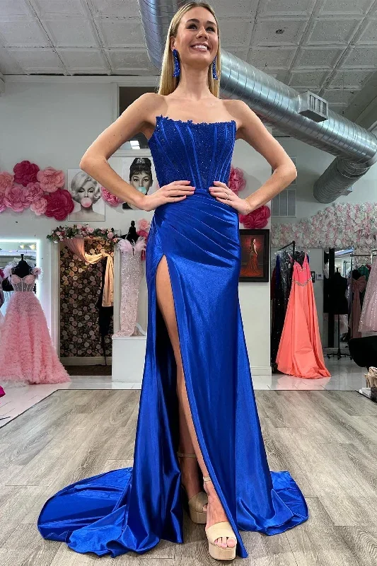 mermaid-lace-satin-strapless-ruching-long-prom-dress-with-slit