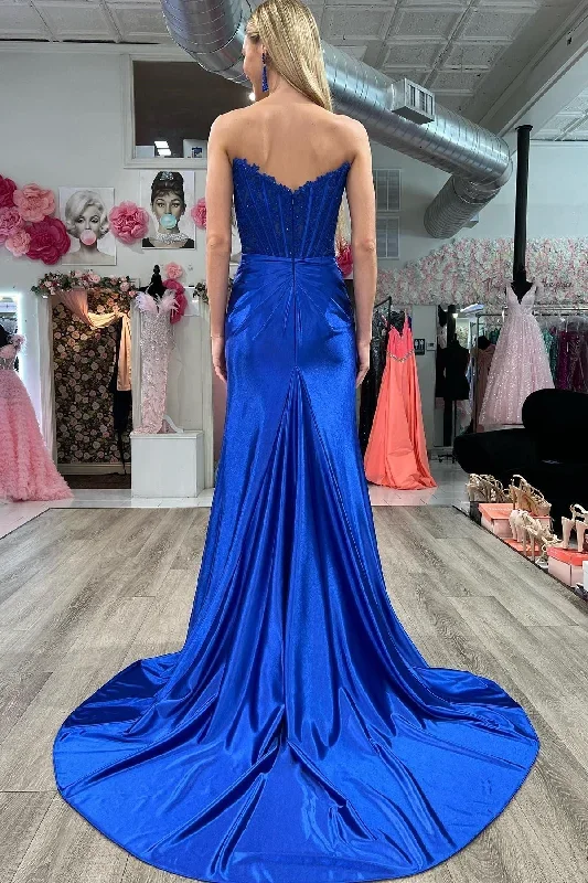 mermaid-lace-satin-strapless-ruching-long-prom-dress-with-slit