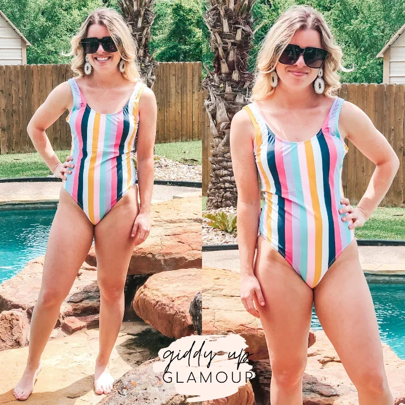 Last Chance Size Small | Paradise Pier Striped One Piece Swimsuit with Open Back in Multicolor