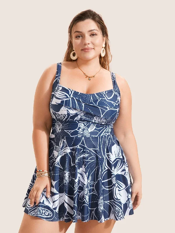 Natural Flowers Heart Neckline Twist Swim Dress