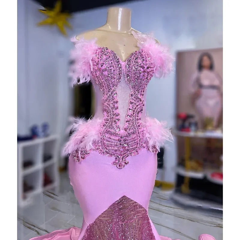 new-pink-sweetheart-feather-mermaid-prom-dresses-top-corset-beaded-long-prom-gowns-black-girl-pink-sequin-prom-dress-2024