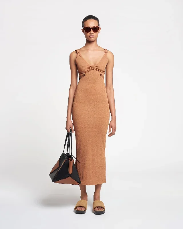 Saar - Beaded Mesh-Jersey Midi Dress - Caramel