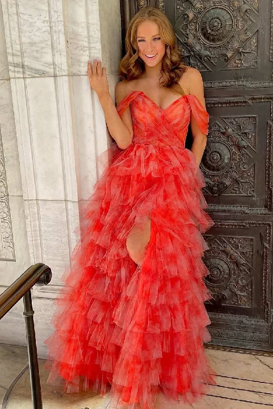 Off the Shoulder Coral Print Tiered Long Prom Dress