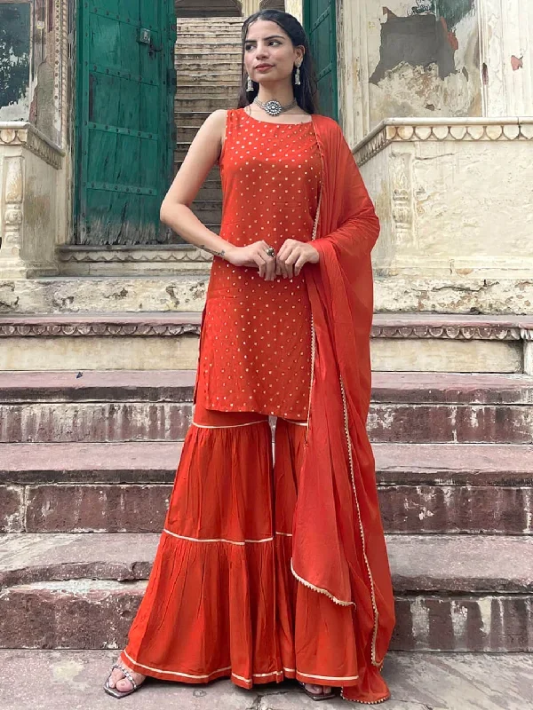 Orange Rayon Foil Print Kurti with Sharara and Dupatta