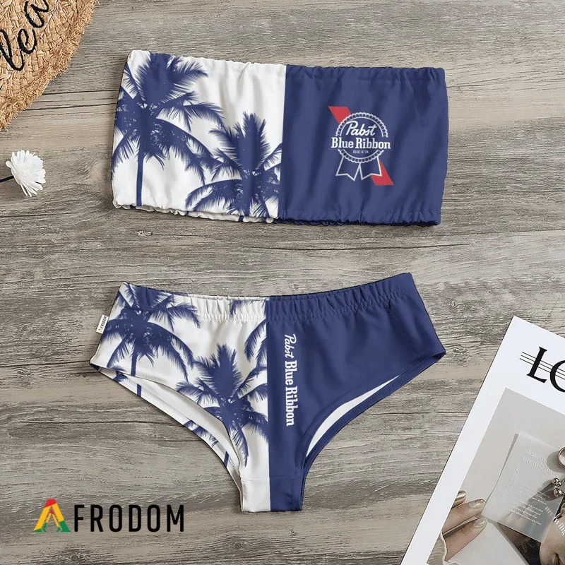 Pabst Blue Ribbon Coconut Trees Strapless Bandeau Bikini Swimsuit