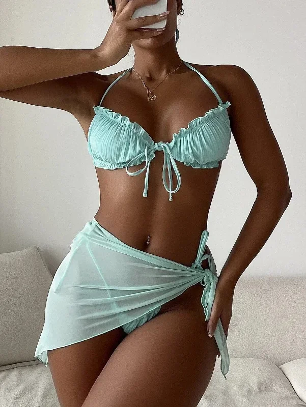 plain-lettuce-trim-tie-front-bikini-women-3pack-swimsuit-bikini-with-ruffles-lace-up-panties-see-through-mesh-cover-ups