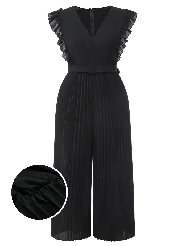 [Plus Size] Black 1930s Ruffle V-Neck Pleated Jumpsuit