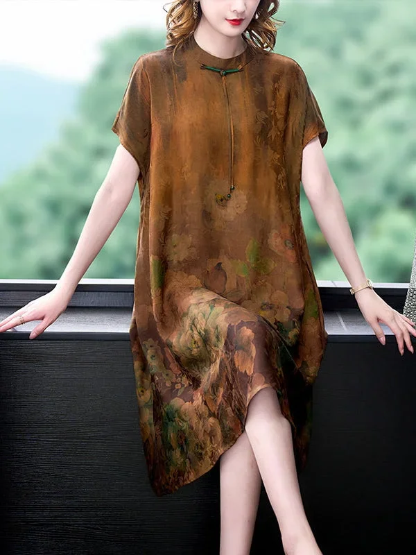 Plus Size Floral Elegant Loose Waist Silk Dress