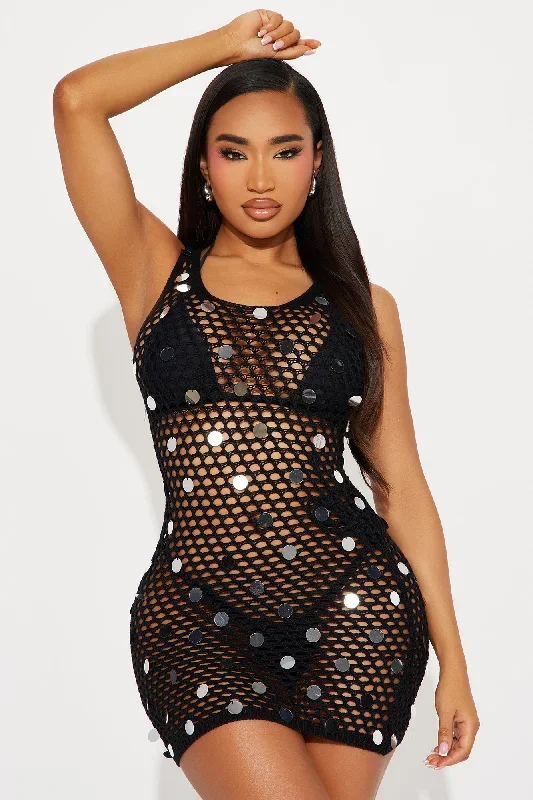 Poolside Cabana Sequin Crochet Cover Up Dress - Black/Silver