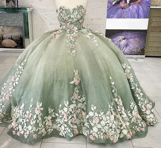 Quinceanera Dresses Ball Gown Lace Ball Gown Sweet 16 Dress With Flowers