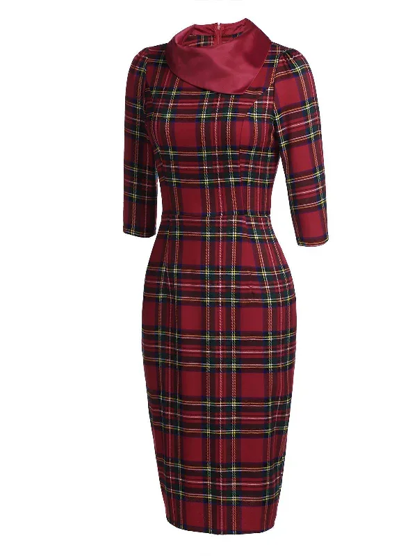 red-1960s-plaids-bodycon-dress