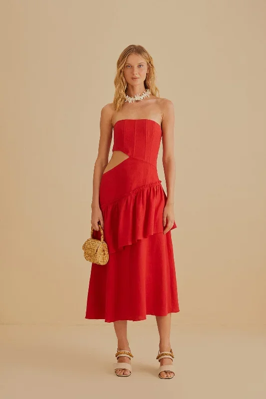 Red Cut Out Strapless Midi Dress