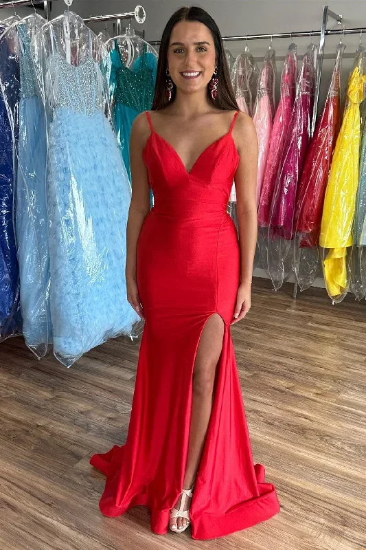 Red V-Neck Open Back Mermaid Long Formal Dress with Slit