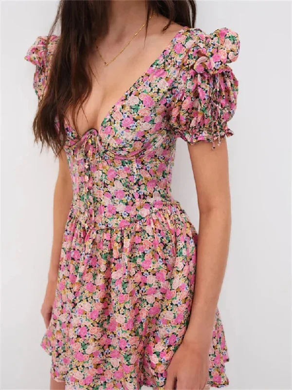 retro-floral-print-deep-v-neck-backless-tie-up-mini-dress