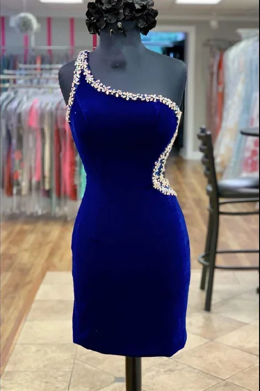 Royal Blue Velvet One-Shoulder Beaded Short Homecoming Dress