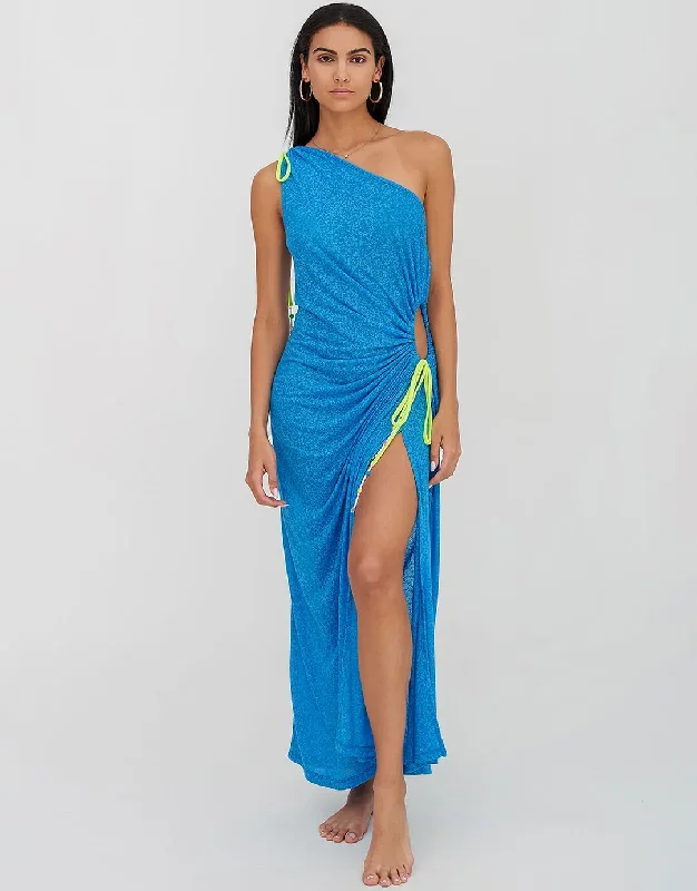 Ruched One Shoulder Cut Out Dress - Blue