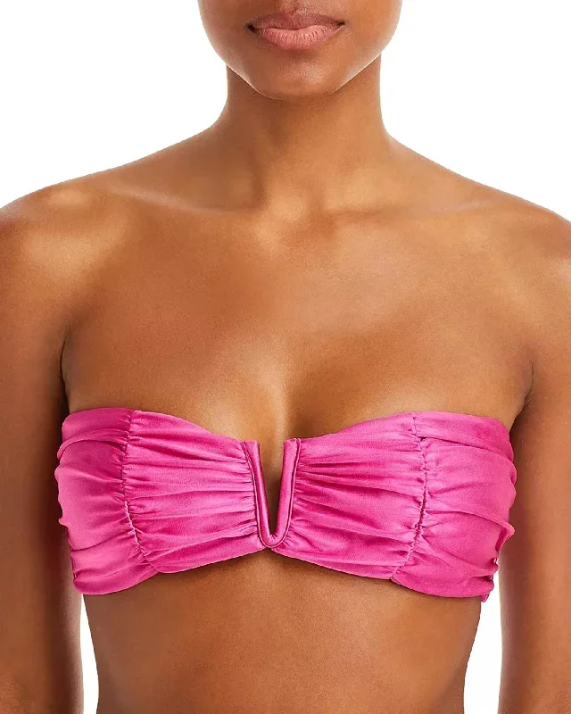 Ruched V-Bandeau Bikini Top In Cosmo Pink