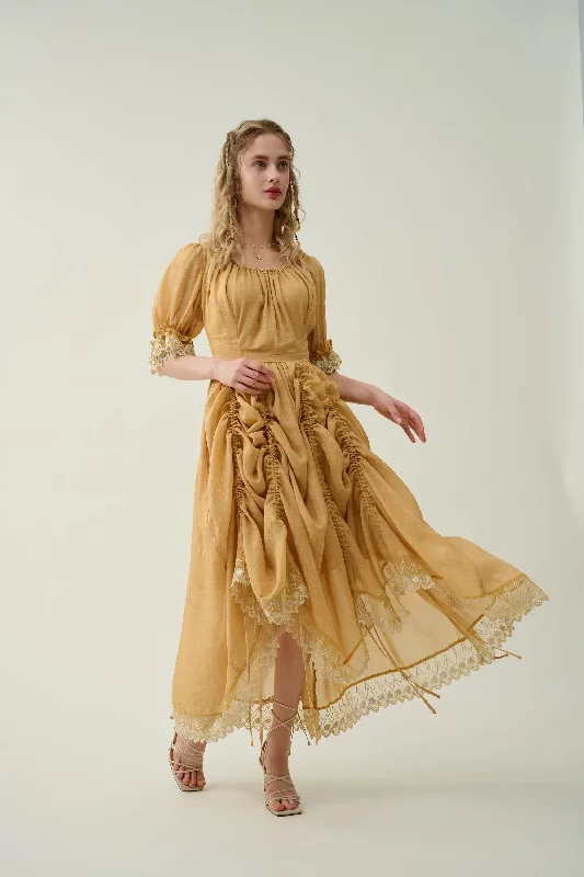 ruffle-linen-lace-dress-in-mustard-medieval-dress-victorian-dress-french-dress-gothic-dress-evening-dress-linennaive