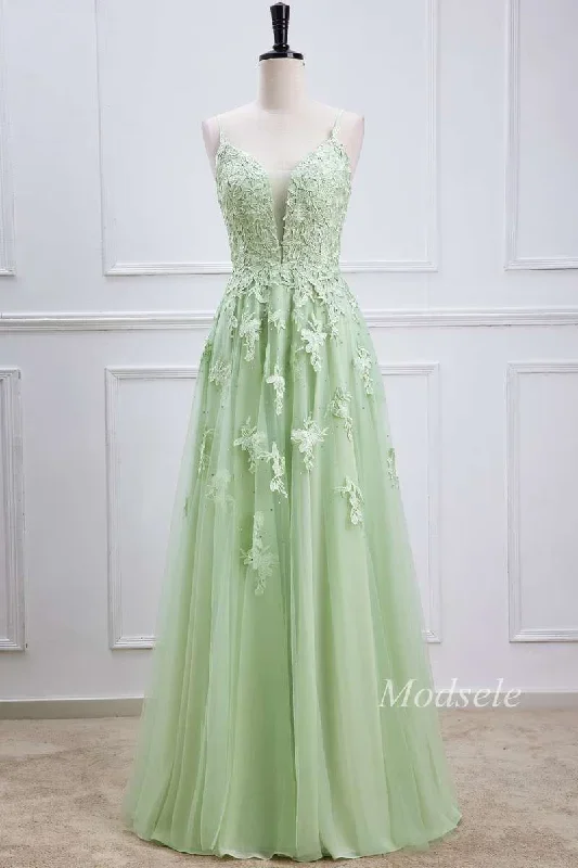 Sage Tulle Appliques Plunge V Lace-Up Long Prom Dress