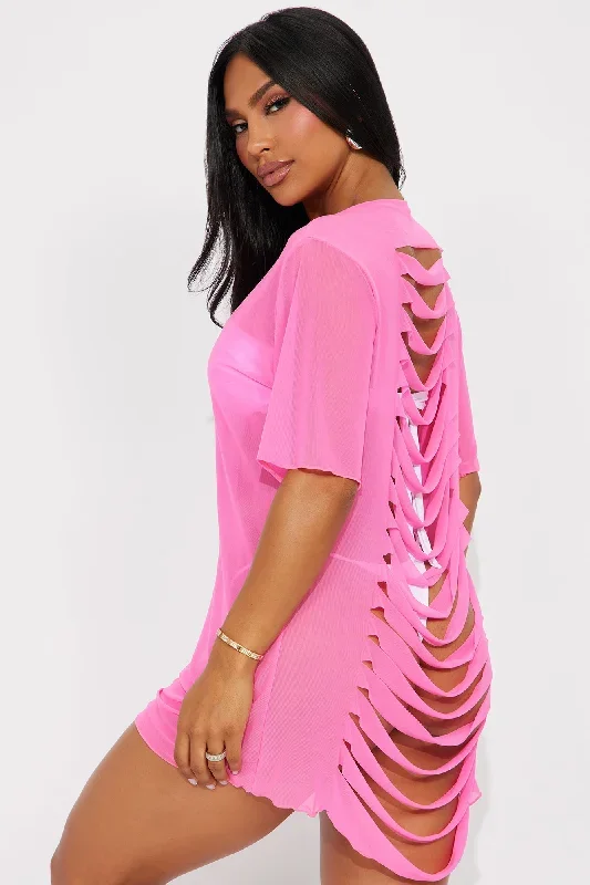 Shaina Ripped Cutout Mesh Cover Up - Hot Pink