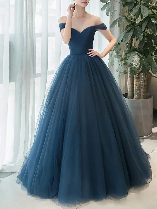 Simple Blue off Long Prom Dresses, V NeckTulle Bridesmaid Dresses