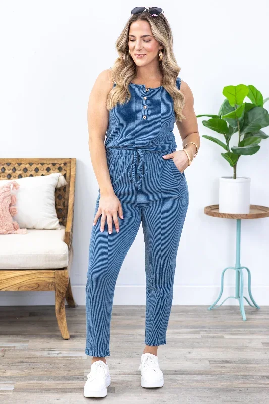 Slate Blue Ribbed Sleeveless Jumpsuit