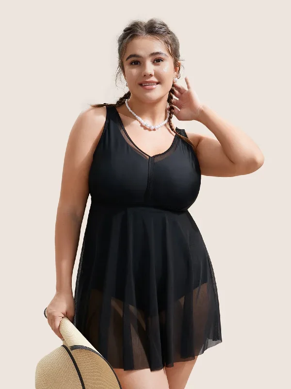 Solid Mesh Patchwork Adjustable Straps Swim Dress