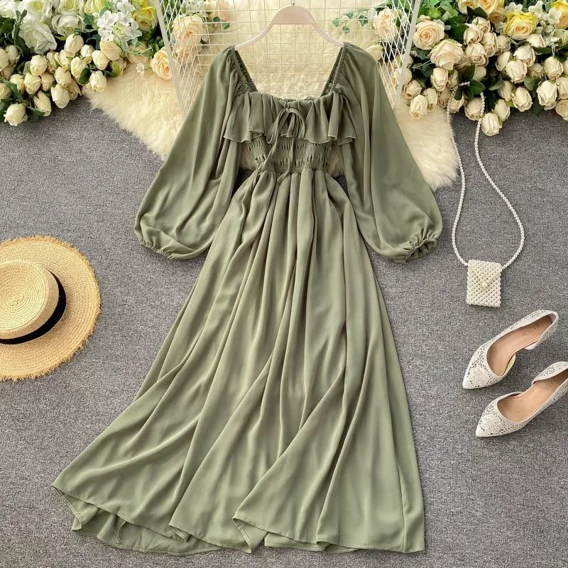 square-collar-maxi-dress-women-solid-chiffon-puff-sleeve-dresses