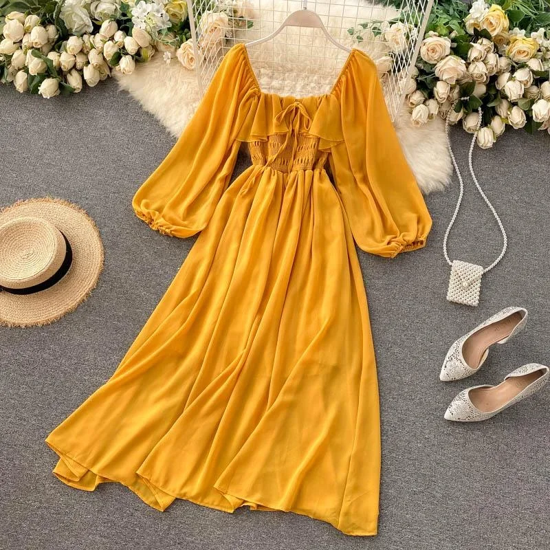 square-collar-maxi-dress-women-solid-chiffon-puff-sleeve-dresses