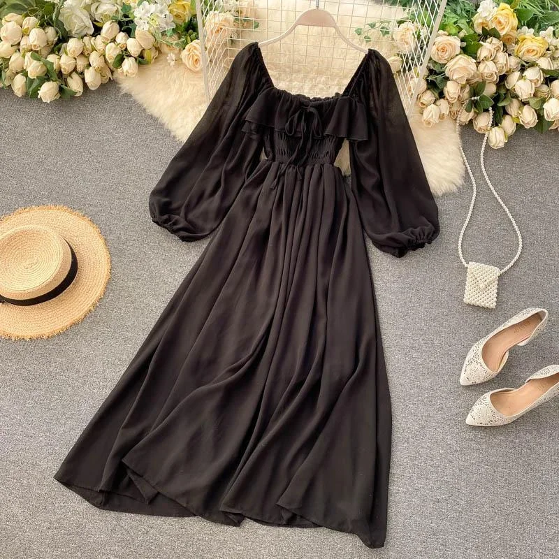 square-collar-maxi-dress-women-solid-chiffon-puff-sleeve-dresses